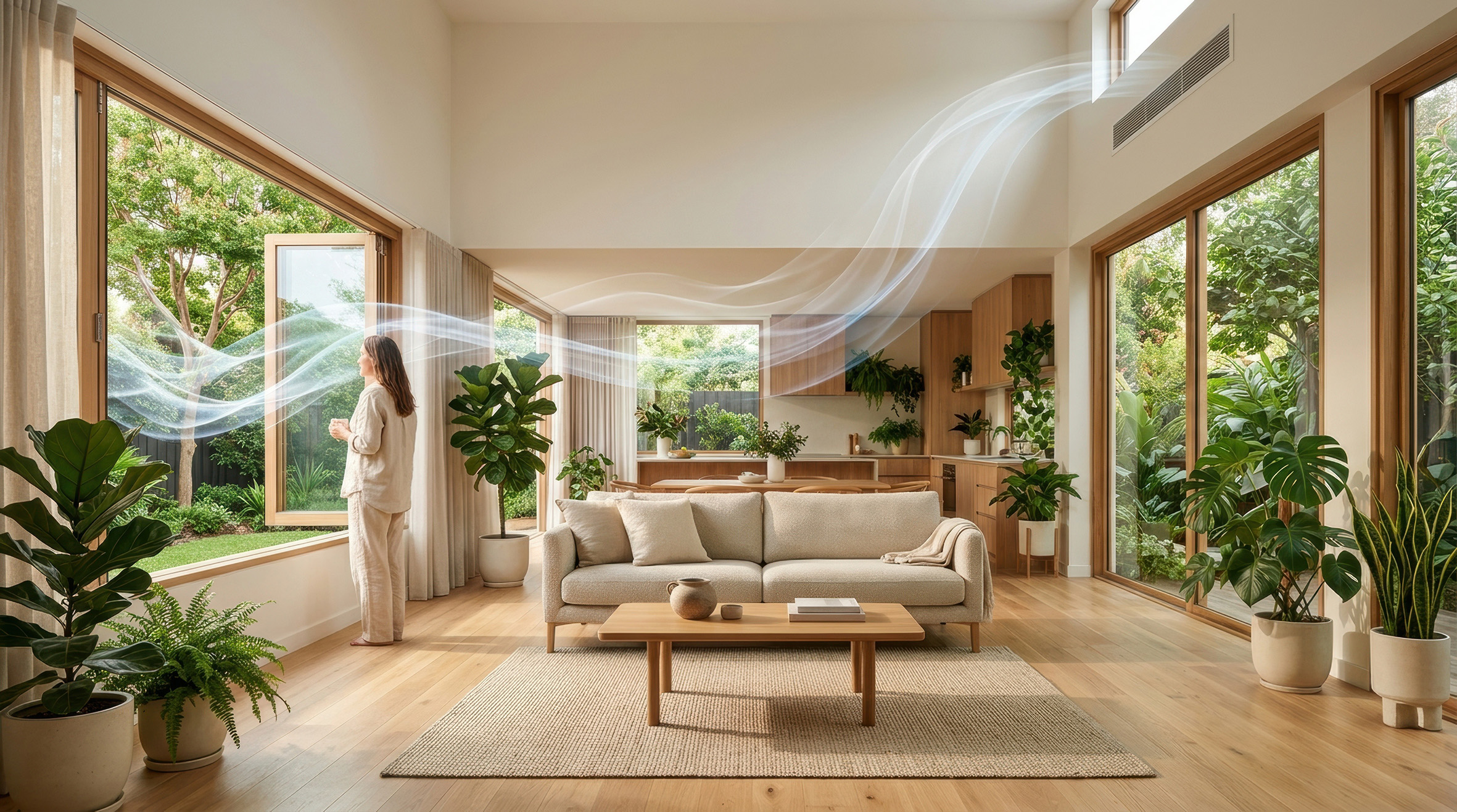 Modern eco home interior with natural ventilation airflow and wo